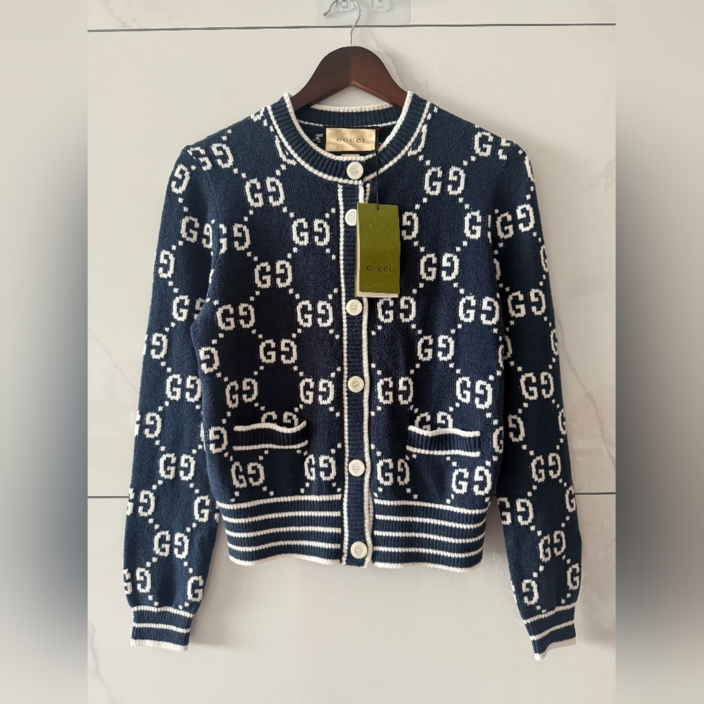 Gucci Dark Blue Monogram Jacquard Knit Cardigan